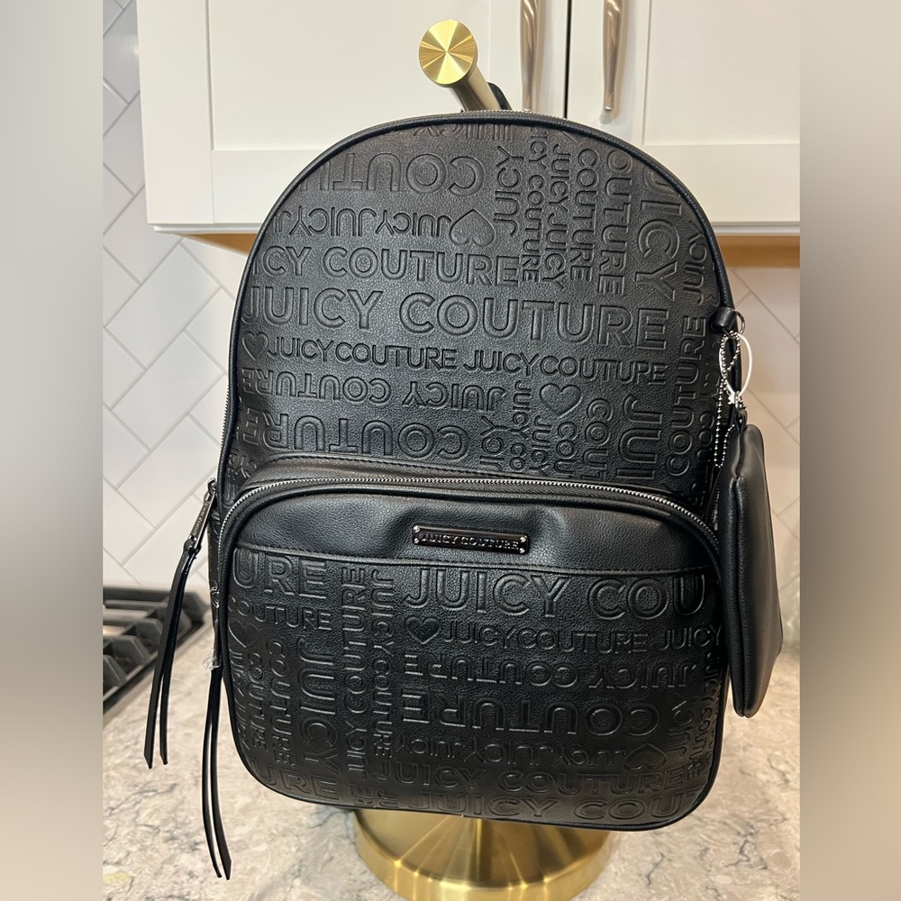 Juicy Couture Womens Black Debossed Embossed Logo Word Play Backpack